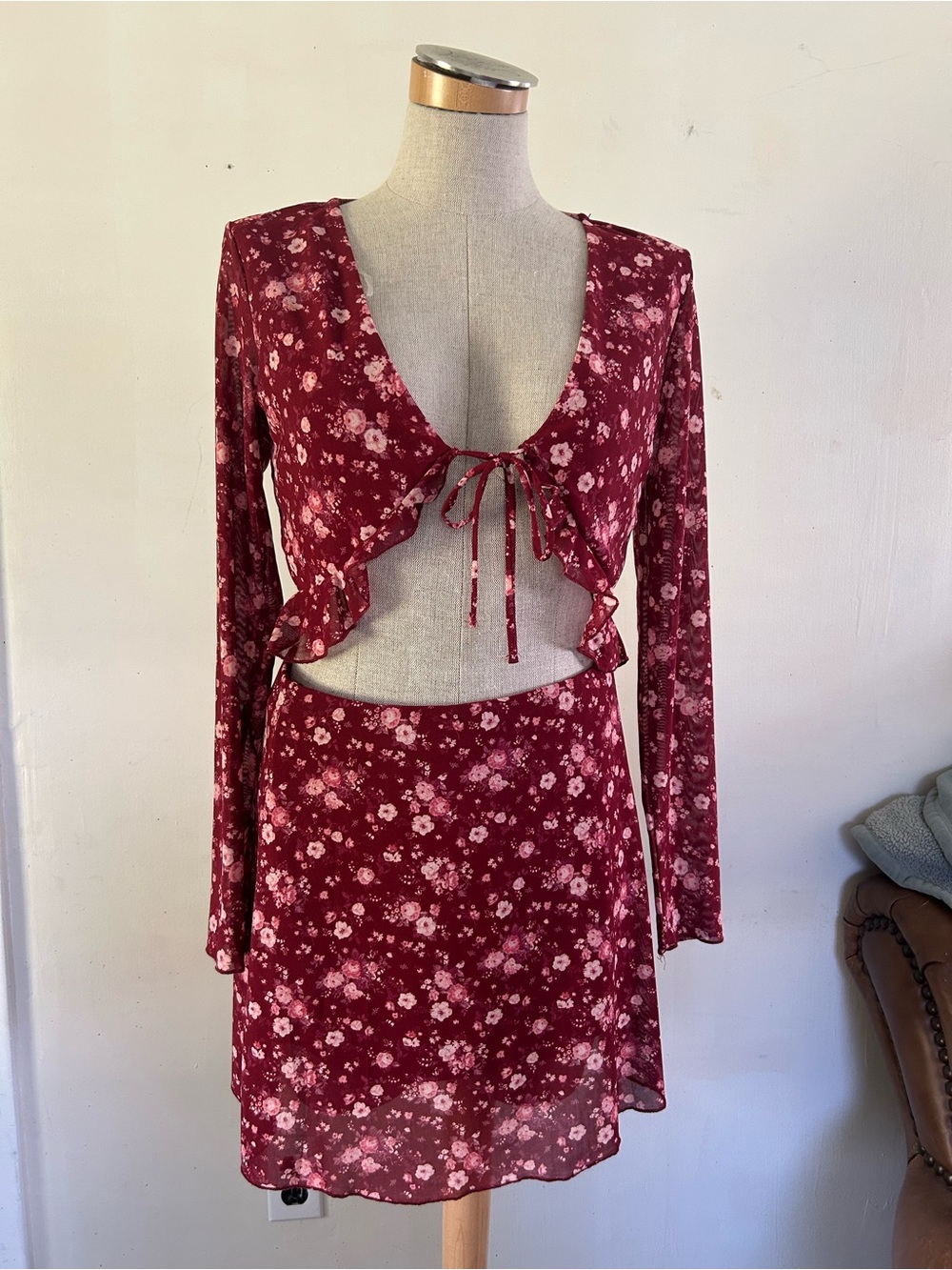 Madden Girl Floral Mesh Top in Burgundy and Light Pink